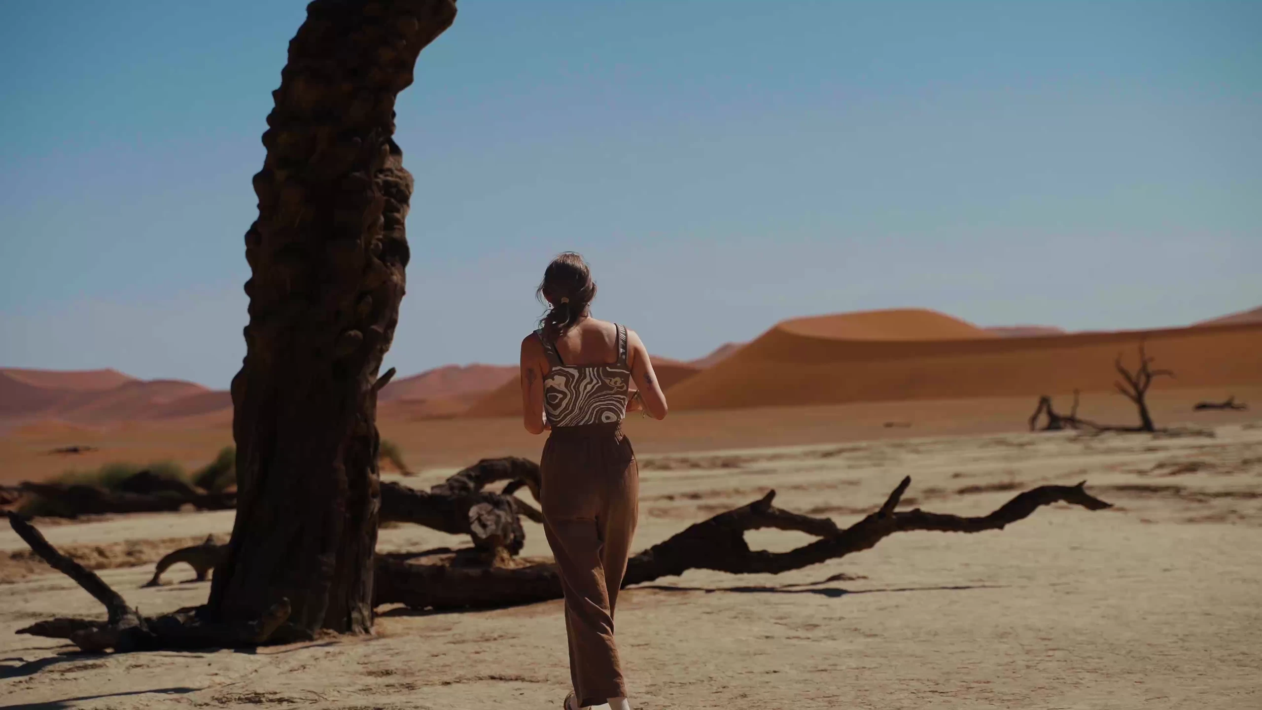 Eine Frau zwischen dunklen Baumstämmen vor weiten Sanddünen.